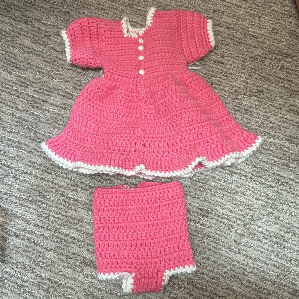 Baby or doll hand knit dress and bottoms. Simply adorable